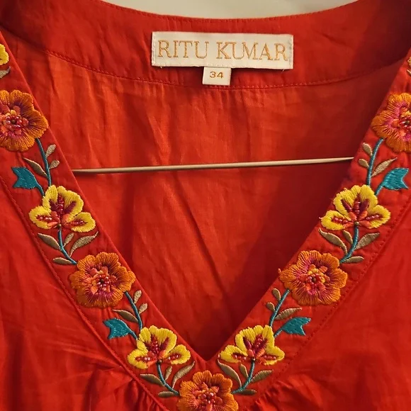 Ritu Kumar Red Floral Embroidered Cotton Dress, 4, XS, Boho, Beaded, Vacation - Picture 3 of 12